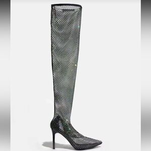 Black Rhinestone Mesh Over-the-Knee Stiletto Boot